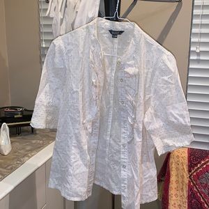 White polka dotted short sleeve shirt with shimmery threads